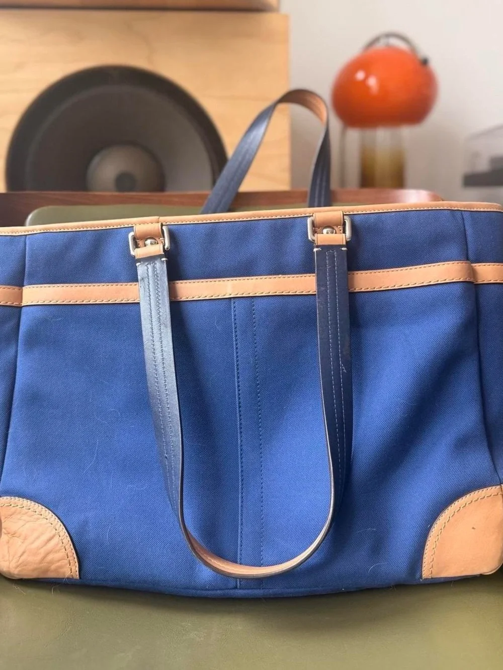 Coach Premium Voyager Blue Canvas Tote with Tan Leather Trim Tote Bag